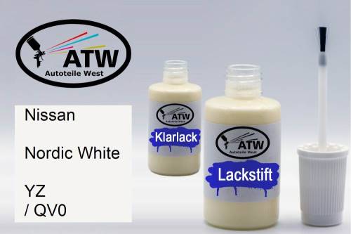 Nissan, Nordic White, YZ / QV0: 20ml Lackstift + 20ml Klarlack - Set, von ATW Autoteile West.